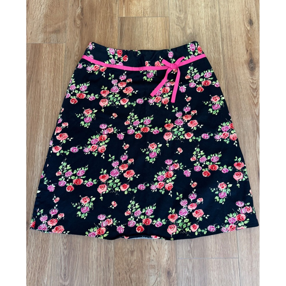 Notations Vintage Y2K Floral A-Line midi Skirt Black Pink Rose Print Bow Size M